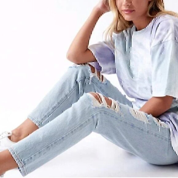 PACSUN Mom Jeans Light Wash Distressed Ripped High Waisted Cropped Crop Ankle 24 - Picture 3 of 13